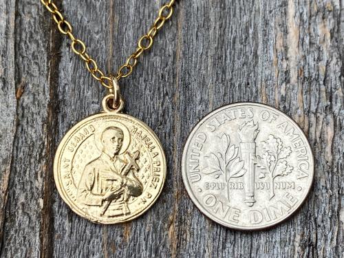 Gold St Gerard Majella Medal and Necklace by French Artist Penin, Antique Replica, Patron Saint of Expectant Mothers and Saint of Fertility