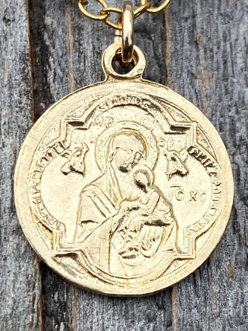 Gold St Gerard Majella Medal on Box Chain Necklace, French Antique Reproduction, Patron Saint of Expectant Mothers and Saint of Fertility
