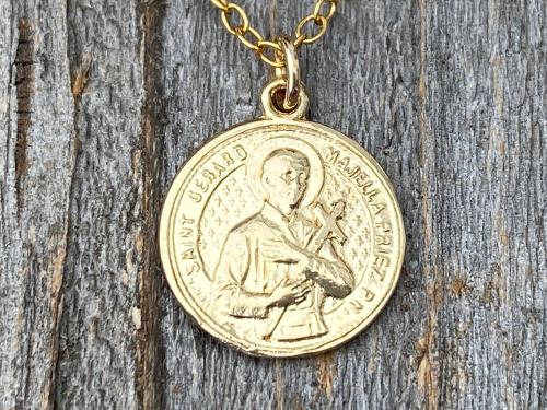 Gold St Gerard Majella Medal and Necklace by French Artist Penin, Antique Replica, Patron Saint of Expectant Mothers and Saint of Fertility