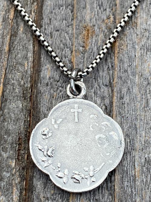 Sterling Silver Immaculate Heart of Mary, French Antique Replica, Medal Pendant & Necklace, Heart of Virgin Mary, Scalloped Rare Mary Medal