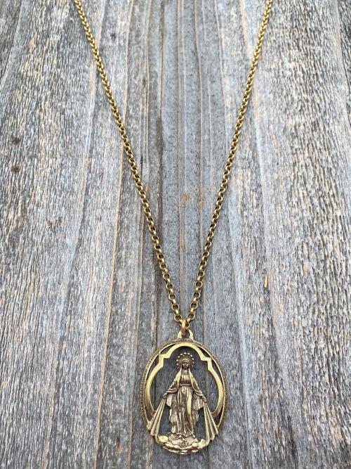 Antique Gold Large Openwork Miraculous Medal Pendant Necklace, Antique Replica, Rare unusual Antique, Blessed Virgin Mary, Our Lady Miracles
