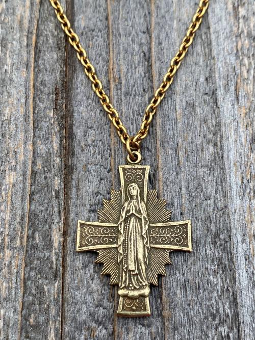 Antique Gold Radiant Mary Medal, Antique Replica, Pendant Necklace, Radiant Cross, Our Lady of Lourdes, Blessed Virgin Mary Pendant Necklace