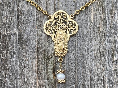 Gold Our Lady of Guadalupe Necklace with a Freshwater White Pearl Dangle, Antique Replica, Nuestra Señora de Guadalupe, Virgin of Guadalupe