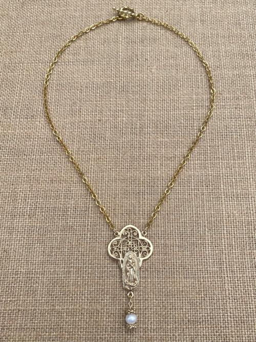 Gold Our Lady of Guadalupe Necklace with a Freshwater White Pearl Dangle, Antique Replica, Nuestra Señora de Guadalupe, Virgin of Guadalupe