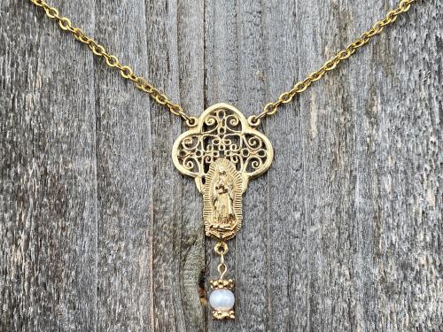 Gold Our Lady of Guadalupe Necklace with a Freshwater White Pearl Dangle, Antique Replica, Nuestra Señora de Guadalupe, Virgin of Guadalupe