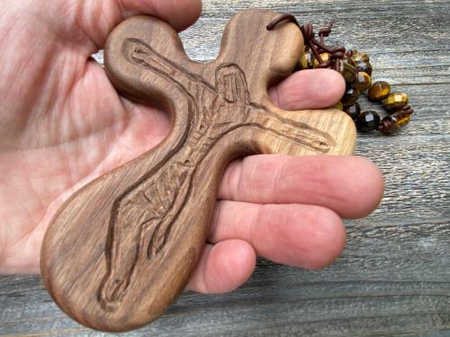 Large Walnut Palm Cross and Yellow Tigereye Gemstone Rosary,  Hand-carved byRon PalmCross Crucifix, Big Comfort Cross Rosary, Couples Rosary
