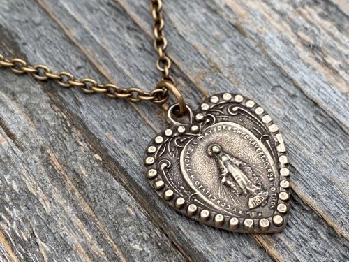 Bronze Miraculous Medal Pendant Necklace, Heart Shaped Miraculous Medal, Antique Replica, Rare Medal minted 1930 Centennial, Virgin Mary M4