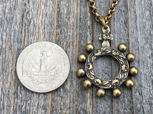 Antique Gold Rose Themed, Finger Rosary Ring, Necklace, French Antique Replica, Rosary Ring Pendant, Cross with Roses, Dizainier on Chain