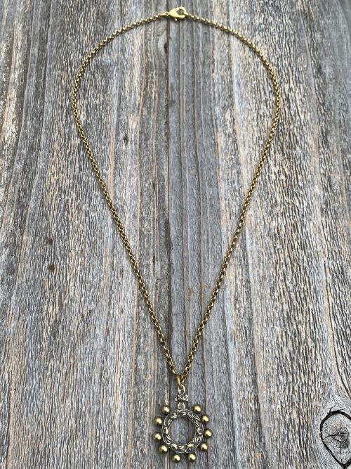 Antique Gold Rose Themed, Finger Rosary Ring, Necklace, French Antique Replica, Rosary Ring Pendant, Cross with Roses, Dizainier on Chain