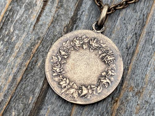 Bronze St Michael Medal Pendant Necklace, Rare French Antique Replica, Artist Tricard, Sancte Michael Ora Pro Nobis, St Michael Pray for Us