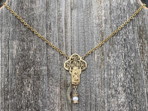 Gold Our Lady of Guadalupe Necklace with a Freshwater White Pearl Dangle, Antique Replica, Nuestra Señora de Guadalupe, Virgin of Guadalupe