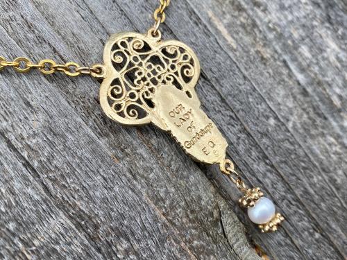 Gold Our Lady of Guadalupe Necklace with a Freshwater White Pearl Dangle, Antique Replica, Nuestra Señora de Guadalupe, Virgin of Guadalupe