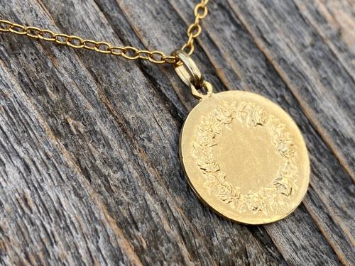 Gold St Michael Medal Pendant Necklace, Rare French Antique Replica, Artist Tricard, Ora Pro Nobis, Saint Michael the Archangel Pray for Us
