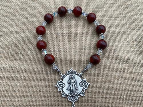 Sterling Silver Divine Mercy Chaplet Rosary, Antique Replica Large Medals, Jasper Gemstones, Swarovski Crystals, One of a Kind Artisan Piece