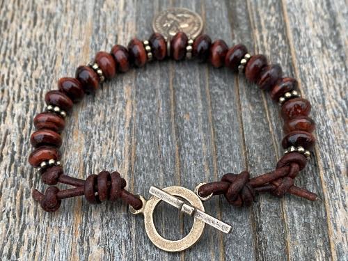 Bronze St Gerard Majella Medal Bracelet, French artist Penin, Antique Replica, Patron Saint of Expectant Mothers, Patron Saint of Fertility