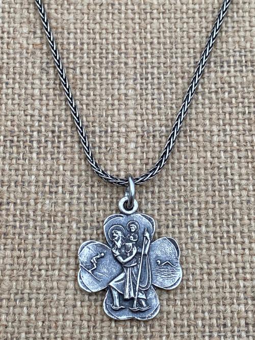 Sterling Silver St. Christopher Medal Pendant Necklace, Antique Replica, Shamrock Pendant, Patron Saint of Travelers, Patron Saint of Travel