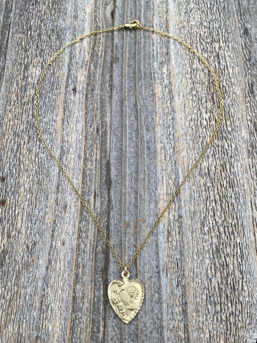 Gold First Communion Heart Pendant Necklace, Antique Replica French Medal, Chalice Flowers, Art Nouveau Medal, Holy Eucharist Heart Gift