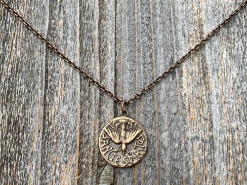 Bronze Holy Spirit Dove Pendant, Antique Replica, Latin Veni Sancte Spiritus Medal, from Argentina, Holy Ghost Necklace, Come Holy Spirit
