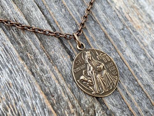 Bronze St. Dymphna Medal, Saint Dymphna Pendant, St Dymphna Necklace, Antique Replica, Patron Saint of Anxiety, Saint of Mental Illness
