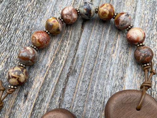 Large Single Decade Rosary, Walnut hand-carved Crucifix Comfort Cross, Miraculous Medal, Birds Eye Rhyolite Gemstones, ByRon Palm Cross