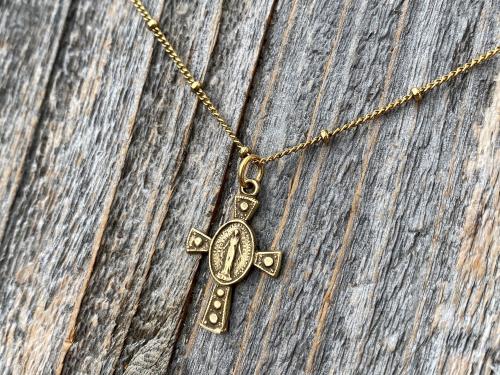 Antique Gold Miraculous Medal Cross Pendant on Satellite Chain Necklace, Antique Replica, Blessed Virgin Mary, Small Miraculous Medal Cross