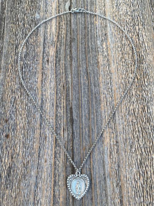 Silver Plated Heart Shaped Miraculous Medal Pendant Necklace, Antique Replica, Blessed Virgin Mary Pendant, Rare Unusual Miraculous Medal M4