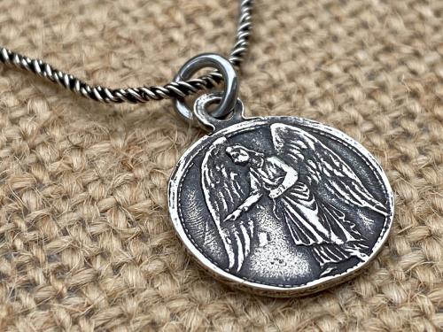 Sterling Silver Small Guardian Angel Medal, Antique Replica, Pendant Necklace, Reverses to Blessed Virgin Mary, Petite Angel Pendant Charm