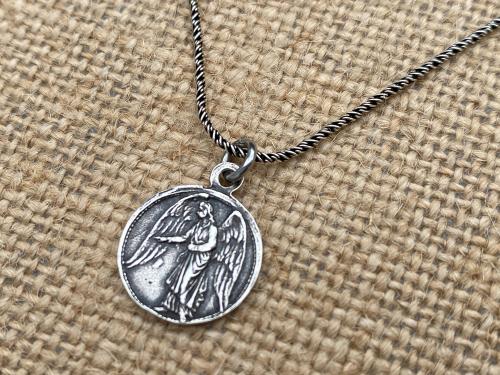 Sterling Silver Small Guardian Angel Medal, Antique Replica, Pendant Necklace, Reverses to Blessed Virgin Mary, Petite Angel Pendant Charm