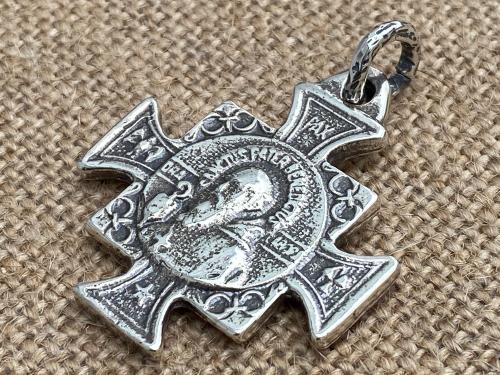 Sterling Silver Large Saint Benedict Medal Pendant, Antique Replica, Crux Sancti Patris Benedicti, Big St Benedict Cross Medallion, .925