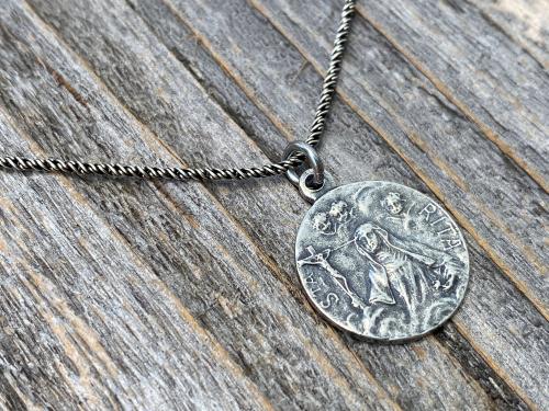 Sterling Silver St Rita of Cascia Medal Pendant Necklace, Antique Replica Saint Rita Charm from France, Saint of the Impossible Pray for Us