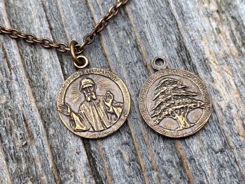 Bronze St Charbel Makhlouf Medal Pendant Necklace, Antique Replica, Rare Saint Sharbel Charm, Lebanese Saint, Miraculous Healing Intercessor