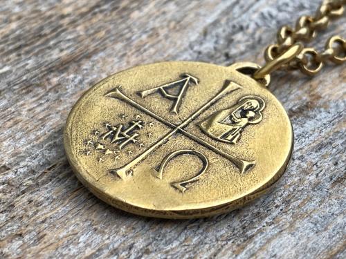 Large Antiqued Gold 5 Way Medal Pendant and Necklace, Antique Replica of Rare Big 4 Way Medallion from France by JB and PCH, Descending Dove