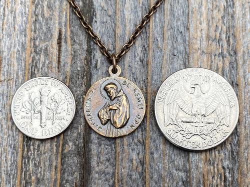 Bronze St Francis of Assisi Blessing Medal Pendant on Necklace, Antique Replica of French Latin Medallion, May the Lord Bless You & Keep You