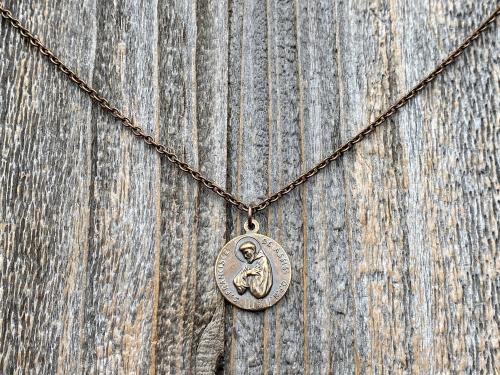 Bronze St Francis of Assisi Blessing Medal Pendant on Necklace, Antique Replica of French Latin Medallion, May the Lord Bless You & Keep You