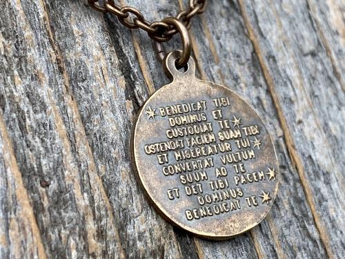 Bronze St Francis of Assisi Blessing Medal Pendant on Necklace, Antique Replica of French Latin Medallion, May the Lord Bless You & Keep You