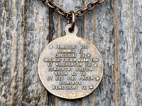 Bronze St Francis of Assisi Blessing Medal Pendant on Necklace, Antique Replica of French Latin Medallion, May the Lord Bless You & Keep You