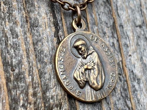 Bronze St Francis of Assisi Blessing Medal Pendant on Necklace, Antique Replica of French Latin Medallion, May the Lord Bless You & Keep You