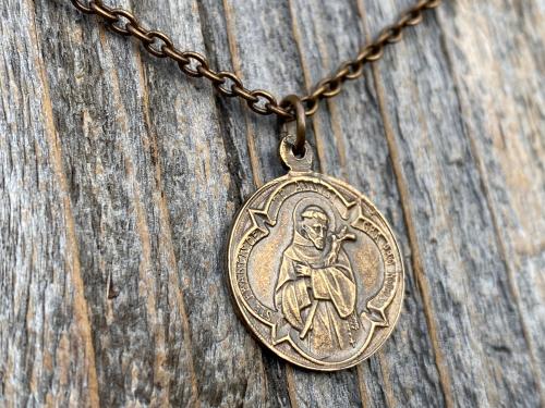 Bronze Saint Anthony of Padua Medallion & Necklace, Antique Replica of Rare French Latin Medal, Two-Sided Pendant with St Francis of Assisi