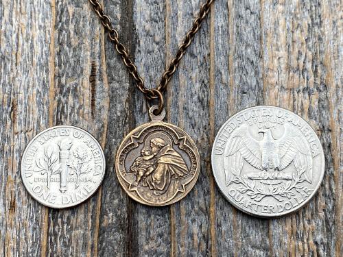 Bronze Saint Anthony of Padua Medallion & Necklace, Antique Replica of Rare French Latin Medal, Two-Sided Pendant with St Francis of Assisi