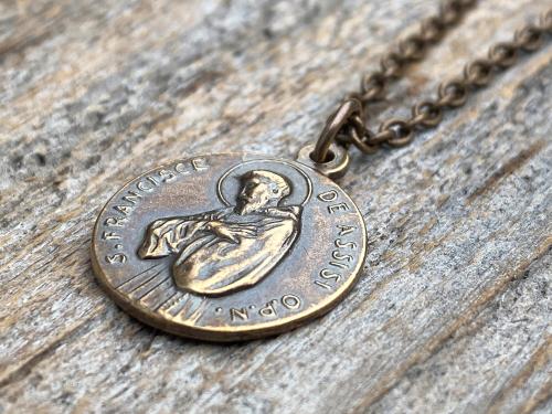 Bronze St Francis of Assisi Blessing Medal Pendant on Necklace, Antique Replica of French Latin Medallion, May the Lord Bless You & Keep You