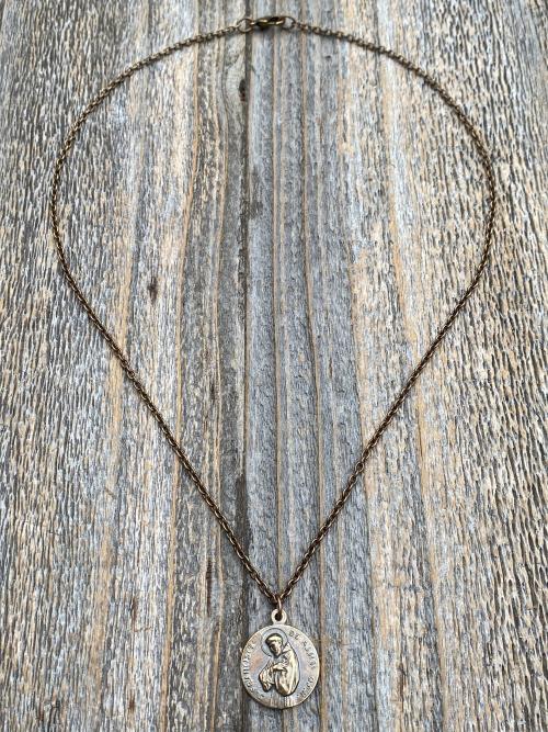Bronze St Francis of Assisi Blessing Medal Pendant on Necklace, Antique Replica of French Latin Medallion, May the Lord Bless You & Keep You