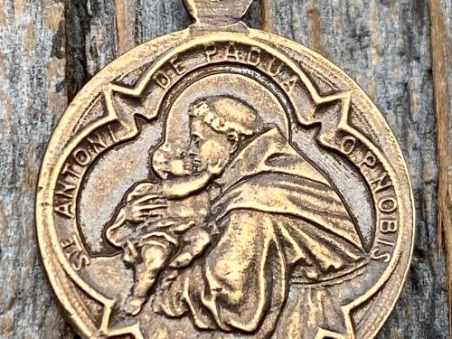 Bronze Saint Anthony of Padua Medallion & Necklace, Antique Replica of Rare French Latin Medal, Two-Sided Pendant with St Francis of Assisi