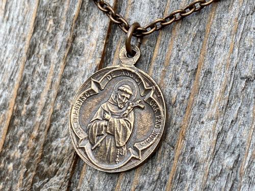Bronze Saint Anthony of Padua Medallion & Necklace, Antique Replica of Rare French Latin Medal, Two-Sided Pendant with St Francis of Assisi