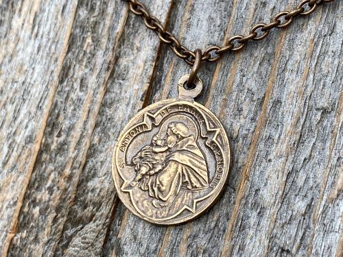 Bronze Saint Anthony of Padua Medallion & Necklace, Antique Replica of Rare French Latin Medal, Two-Sided Pendant with St Francis of Assisi