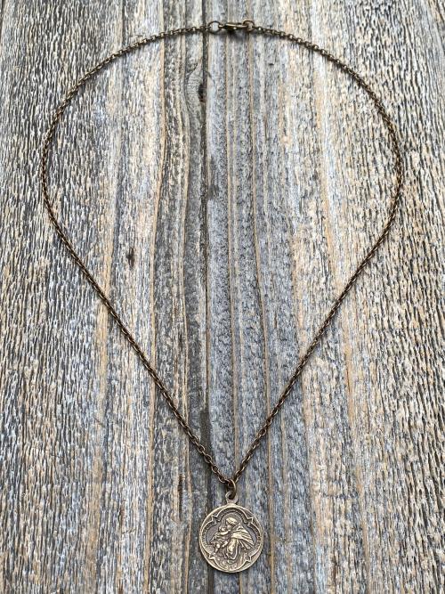 Bronze Saint Anthony of Padua Medallion & Necklace, Antique Replica of Rare French Latin Medal, Two-Sided Pendant with St Francis of Assisi