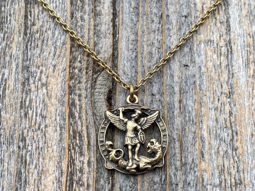 Antique Gold Latin St Michael Quis Ut Deus Rare Medallion Necklace, Antique Replica Saint Michael the Archangel, Protection Medal Pendant