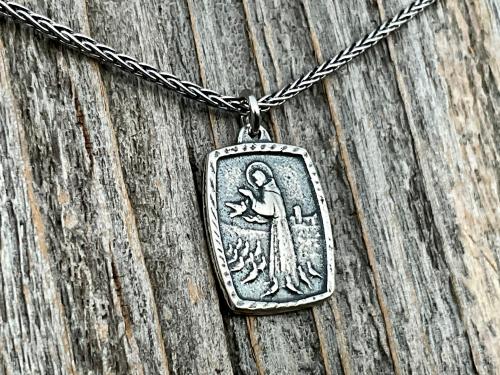 St Francis of Assisi Sterling Silver Blessing Prayer Medal Pendant Necklace, Saint Catholic Italian, Antique Replica, May the Lord Bless You