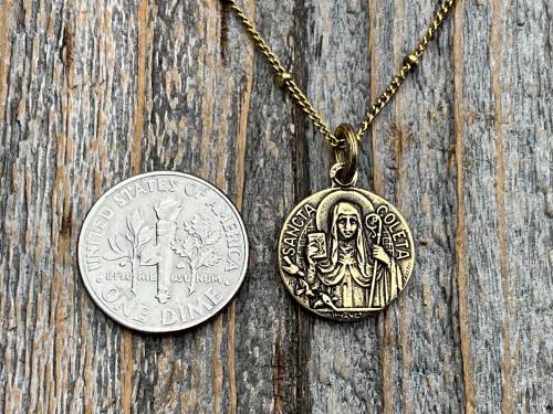 Fertility Saint Colette of Corbie Small Gold Antique Replica Medal and Necklace, By French Artists Penin & Karo, 2-sided Medallion Charm