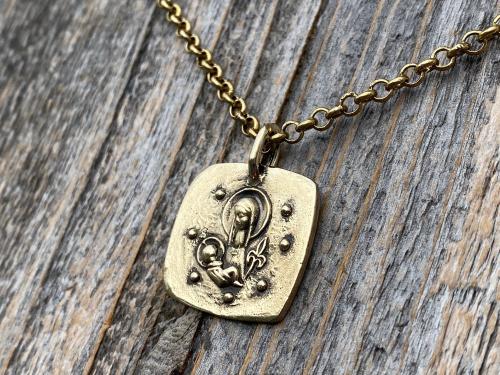 Antiqued Gold Mother Mary and Baby Jesus Medallion Necklace, Antique Replica of French Artist Elie Pellegrin Smaller Medal with Fleur de Lis