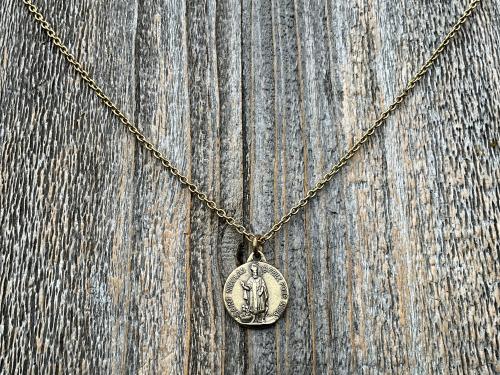 Antiqued Gold St Nicolas French Medallion Necklace, Antique Replica Saint Nicholas Medal, Patron Saint of Children, From France, Penin Karo